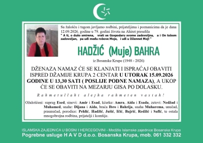 Na Ahiret preselila HADŽIĆ (Muje) BAHRA