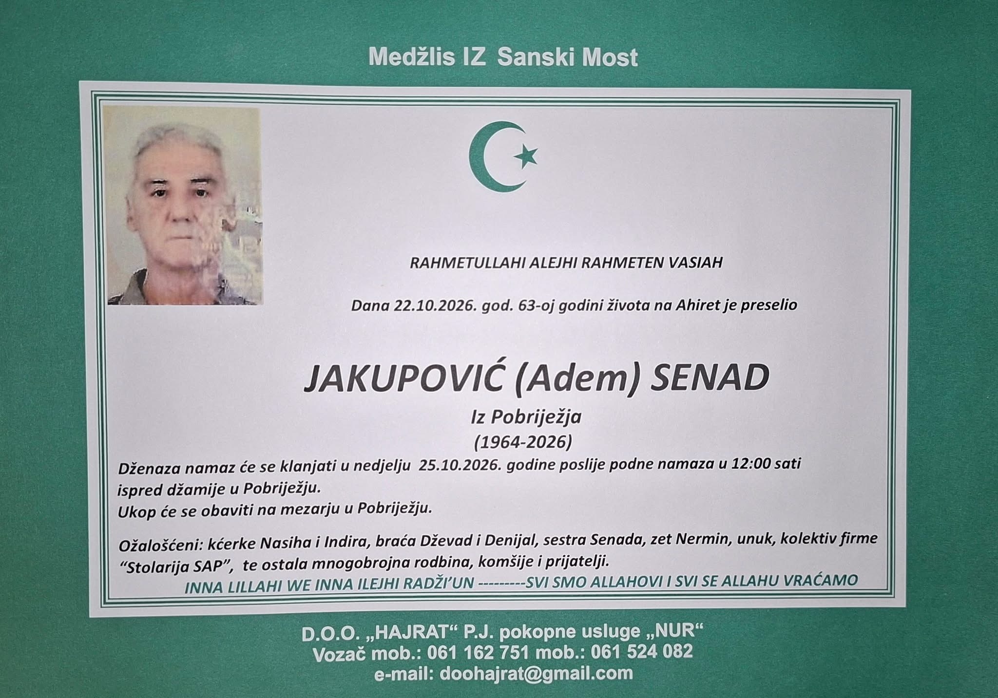 Na Ahiret preselio Jakupović (Adem) Senad