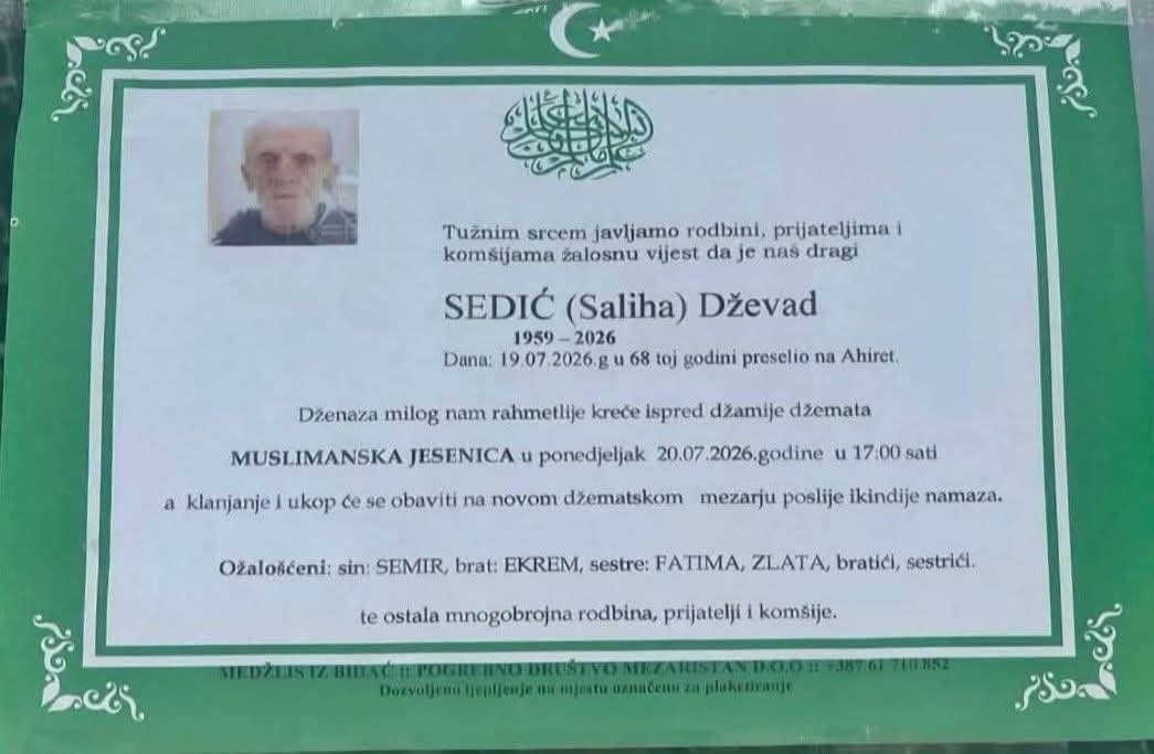 Na Ahiret preselio SEDIĆ (Saliha) Dževad
