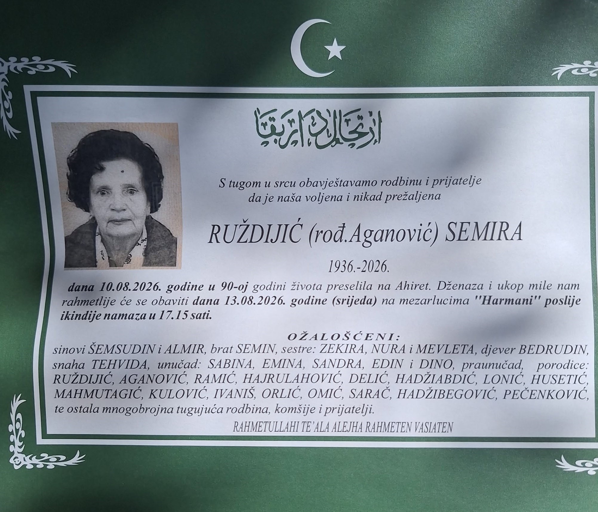 Na Ahiret preselila RUŽDIJIĆ (rođ. Aganović) SEMIRA