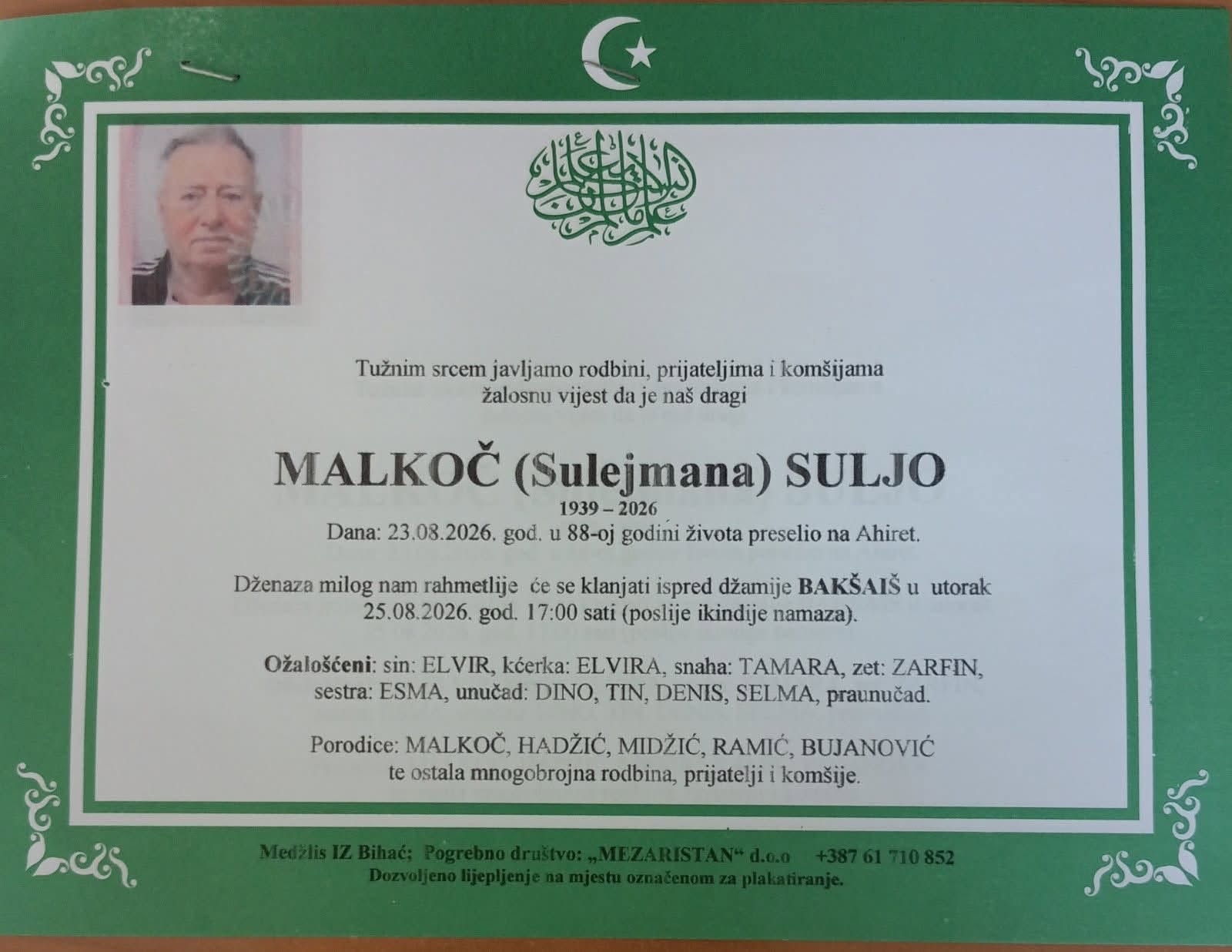 Na Ahiret preselio MALKOČ (Sulejmana) SULJO
