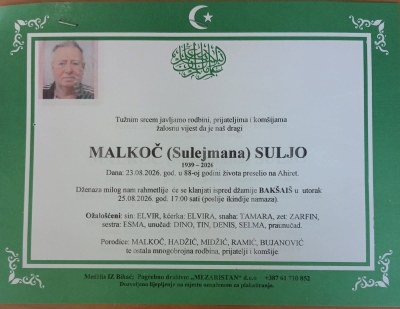 Na Ahiret preselio MALKOČ (Sulejmana) SULJO