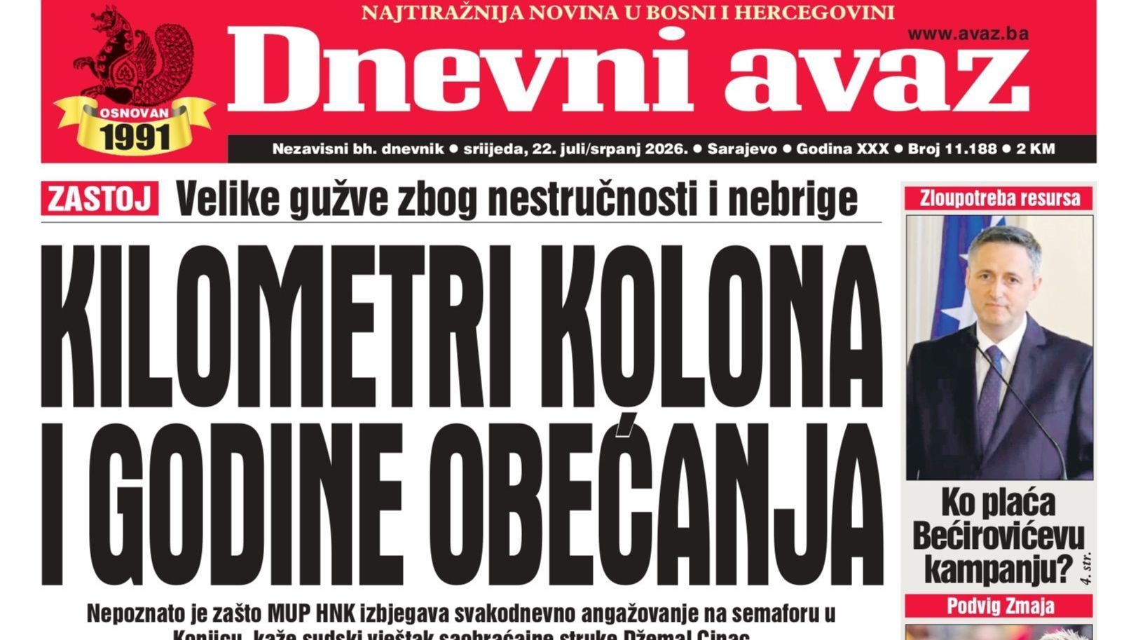 U današnjem "Dnevnom avazu" čitajte: Kilometri kolona i godine obećanja