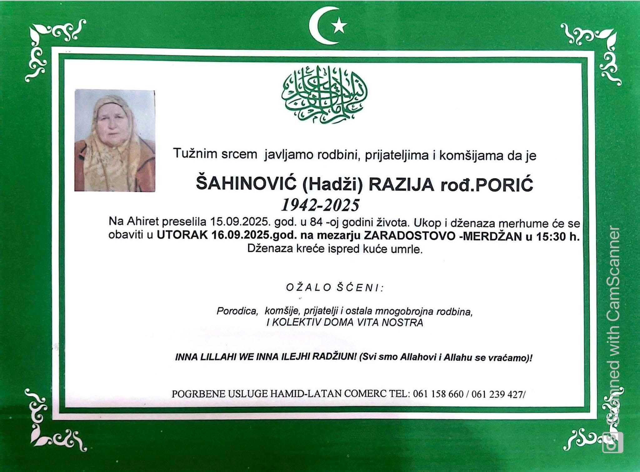 Na Ahiret preselila Šahinović (Hadži) Razija rođ. Porić