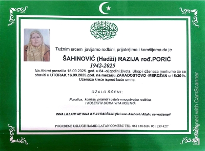 Na Ahiret preselila Šahinović (Hadži) Razija rođ. Porić