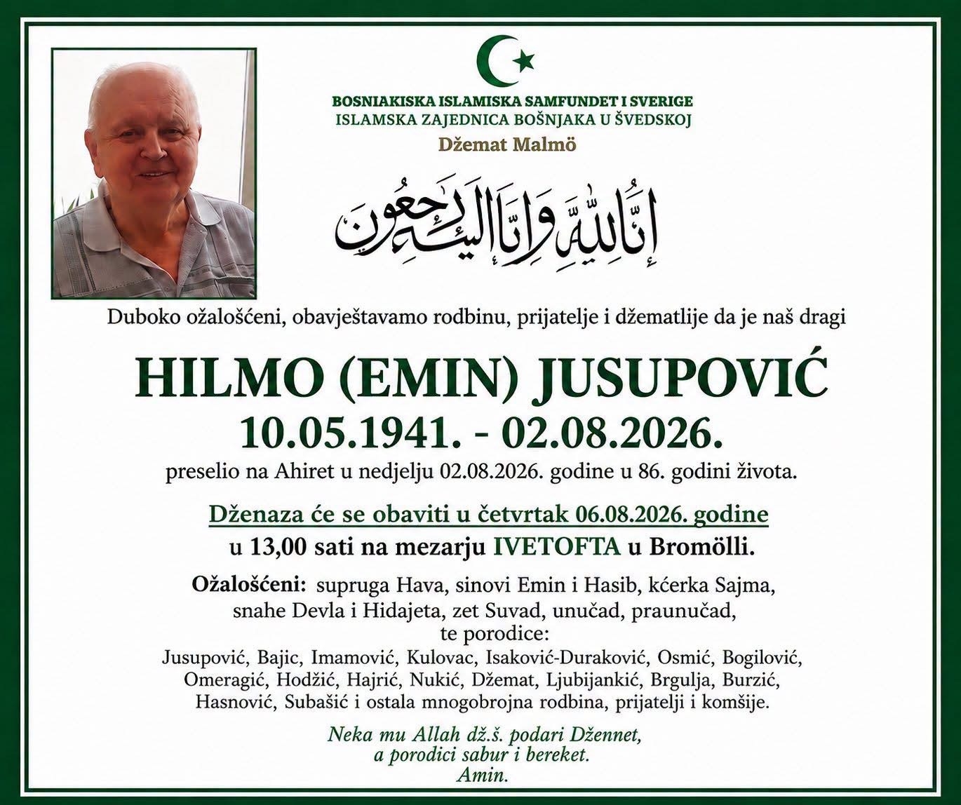 U Švedskoj na Ahiret preselio Hilmo (Emin) Jusupović