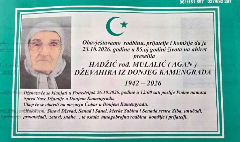 Na Ahiret preselila HADŽIĆ rođ. MULALIĆ DŽEVAHIRA