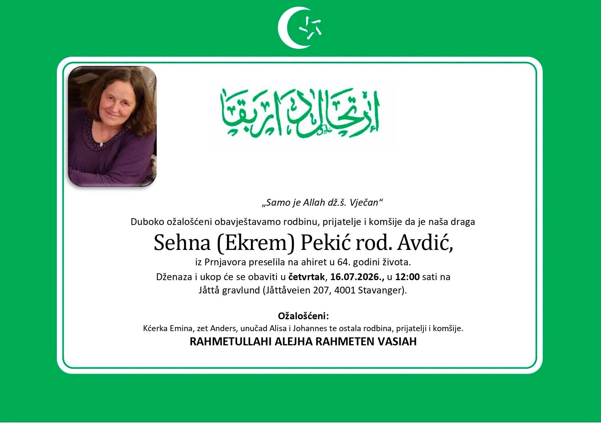 U Norveškoj na Ahiret preselila Sehna Pekić rođ. Avdić