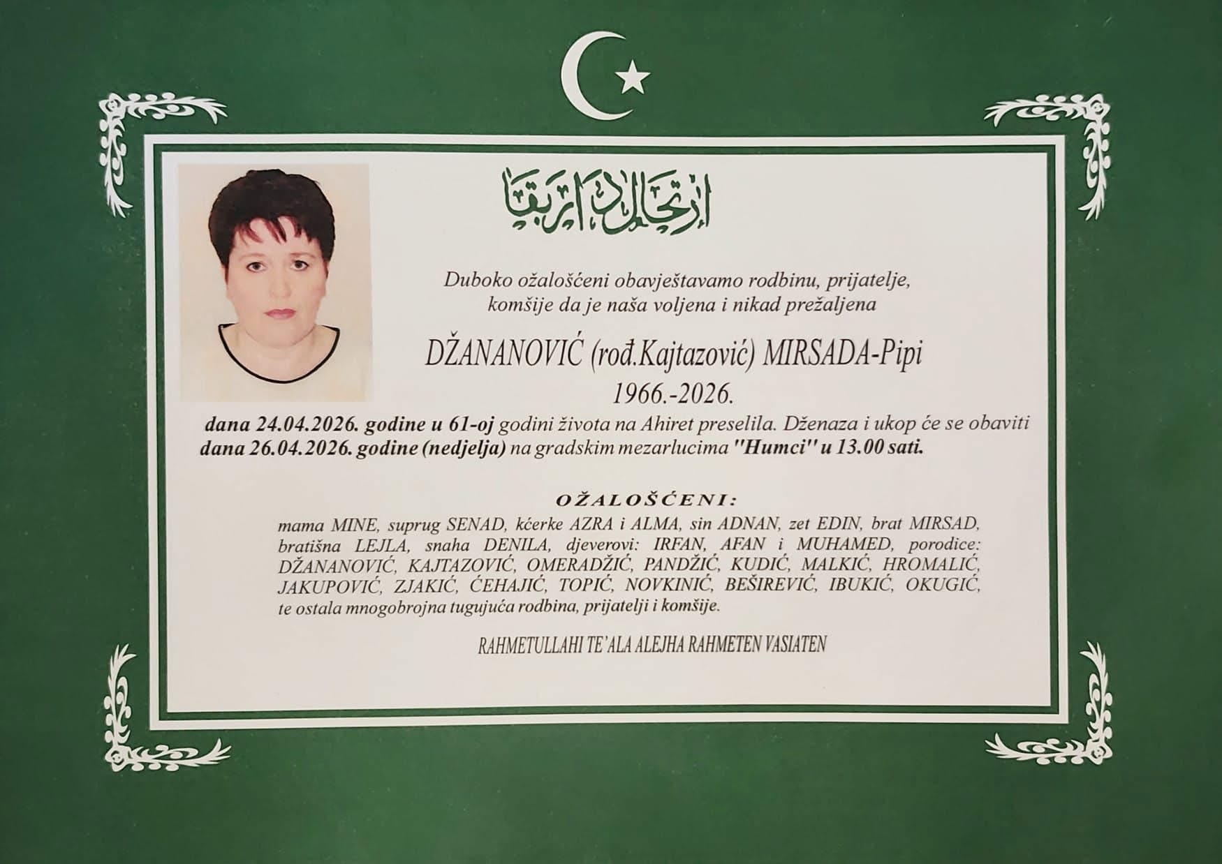 Na Ahiret preselila Džananović (rođ. Kajtazović) Mirsada – Pipi