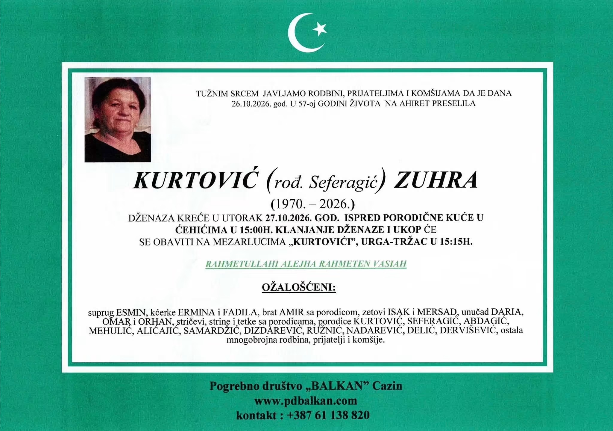 Na Ahiret preselila Kurtović (rođ. Seferagić) Zuhra