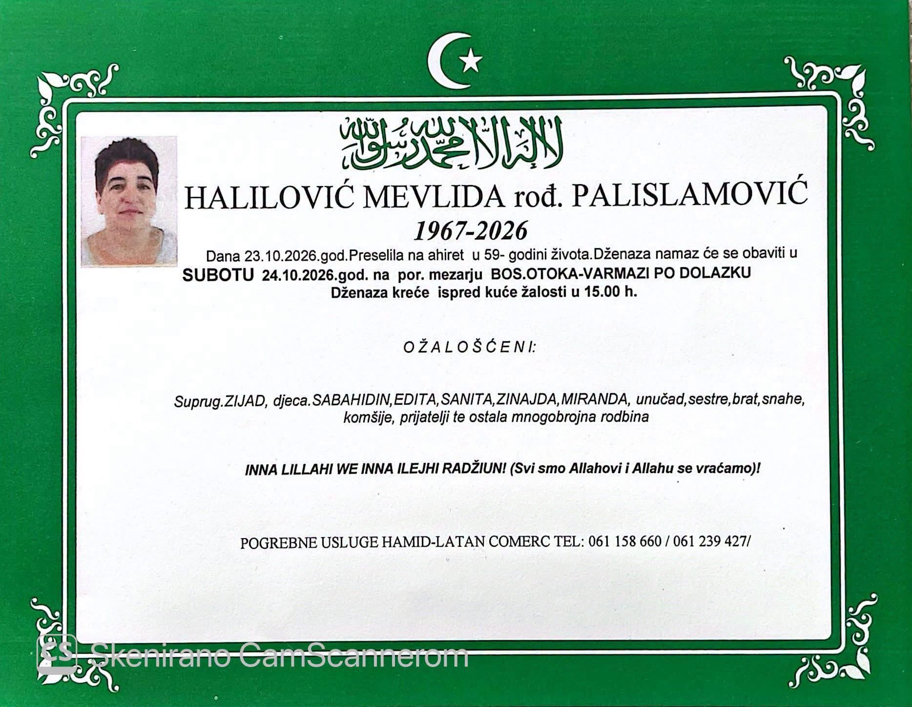 Na Ahiret preselila Halilović Mevlida rođ. Palislamović