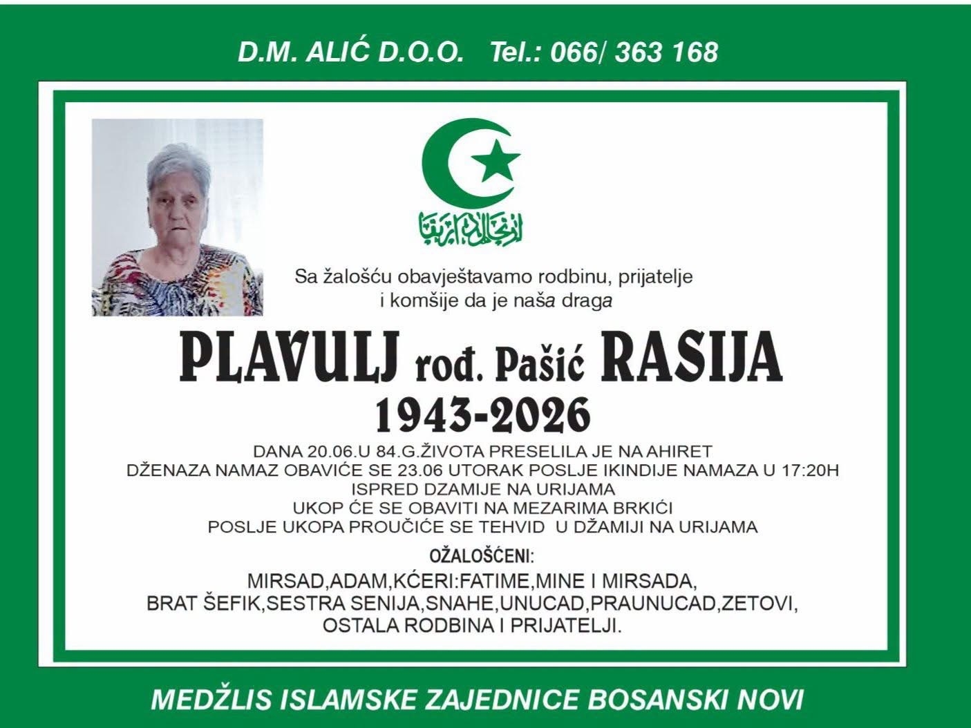 Na Ahiret preselila Plavulj rođ. Pašić Rasija