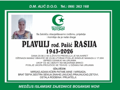 Na Ahiret preselila Plavulj rođ. Pašić Rasija