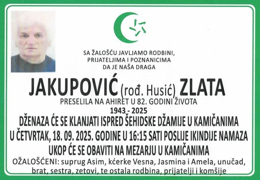 Na Ahiret preselila Jakupović (rođ. Husić) Zlata