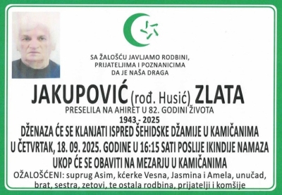 Na Ahiret preselila Jakupović (rođ. Husić) Zlata