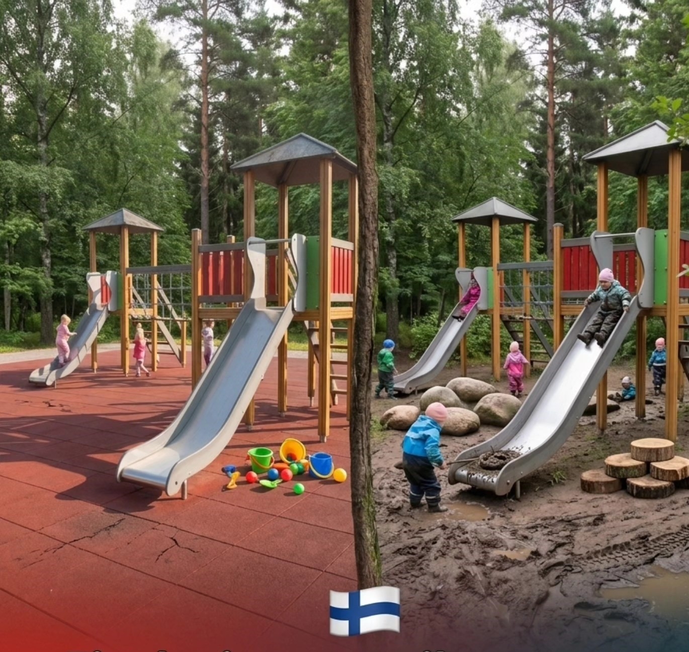 Šljunak i asfalt u dvorištima vrtića zamenjeni su delovima šumskog tla, sa mahovinom, opalim lišćem i prirodnim rastinjem