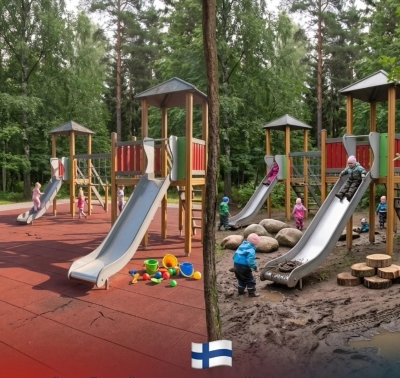 Šljunak i asfalt u dvorištima vrtića zamenjeni su delovima šumskog tla, sa mahovinom, opalim lišćem i prirodnim rastinjem