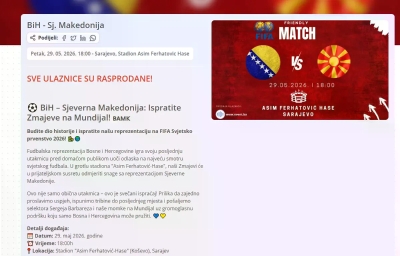 Rasprodate sve ulaznice za utakmicu BiH i Sjeverne Makedonije!