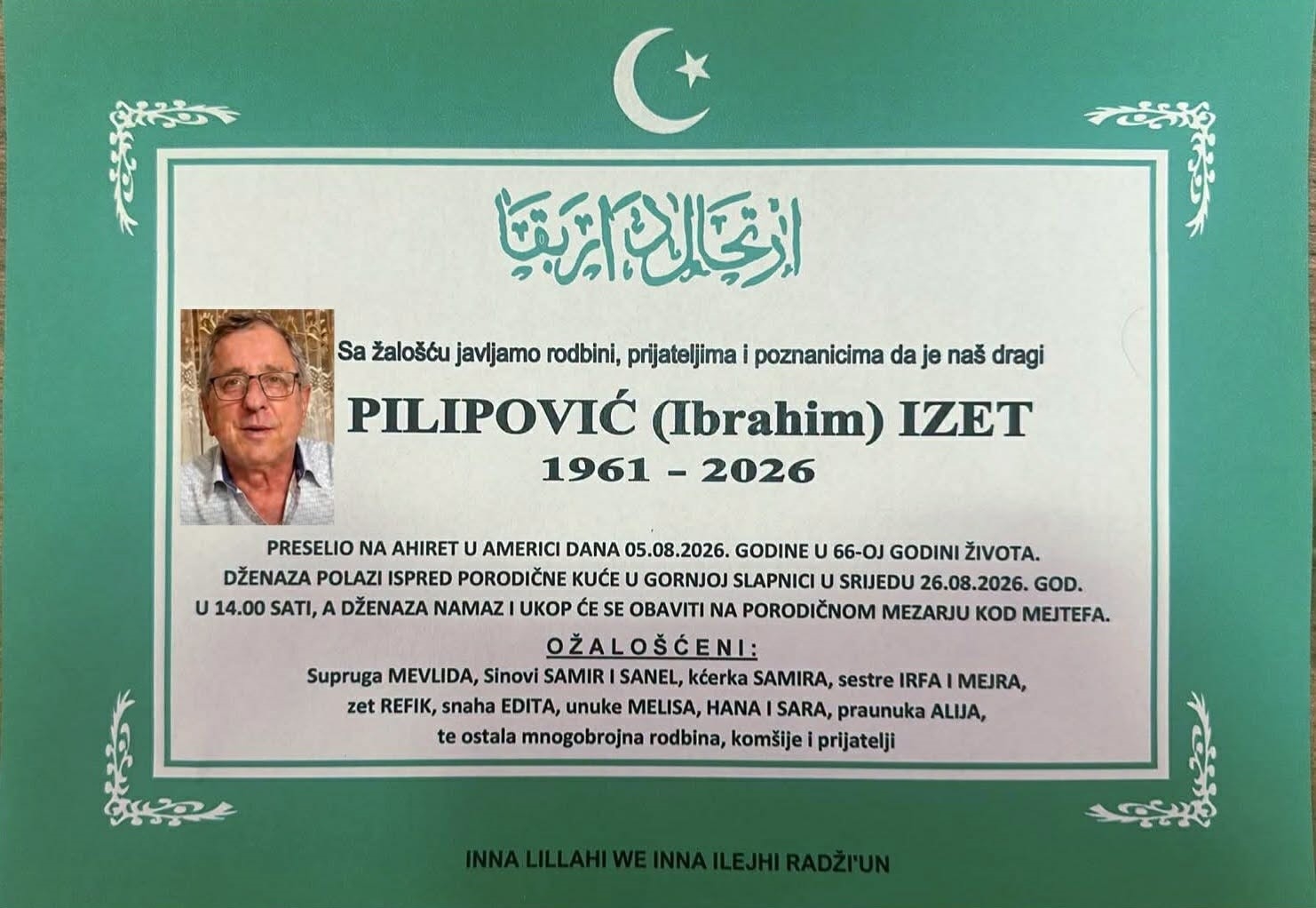 Tužna vijest iz Amerike: Na Ahiret preselio PILIPOVIĆ (Ibrahim) IZET