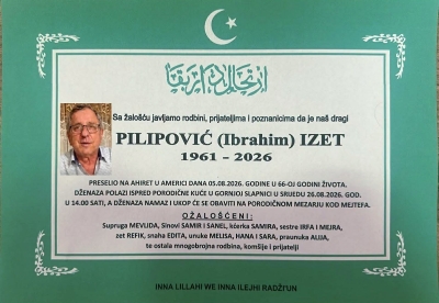 Tužna vijest iz Amerike: Na Ahiret preselio PILIPOVIĆ (Ibrahim) IZET