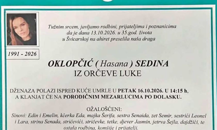 U Švicarskoj na Ahiret preselila OKLOPČIĆ SEDINA