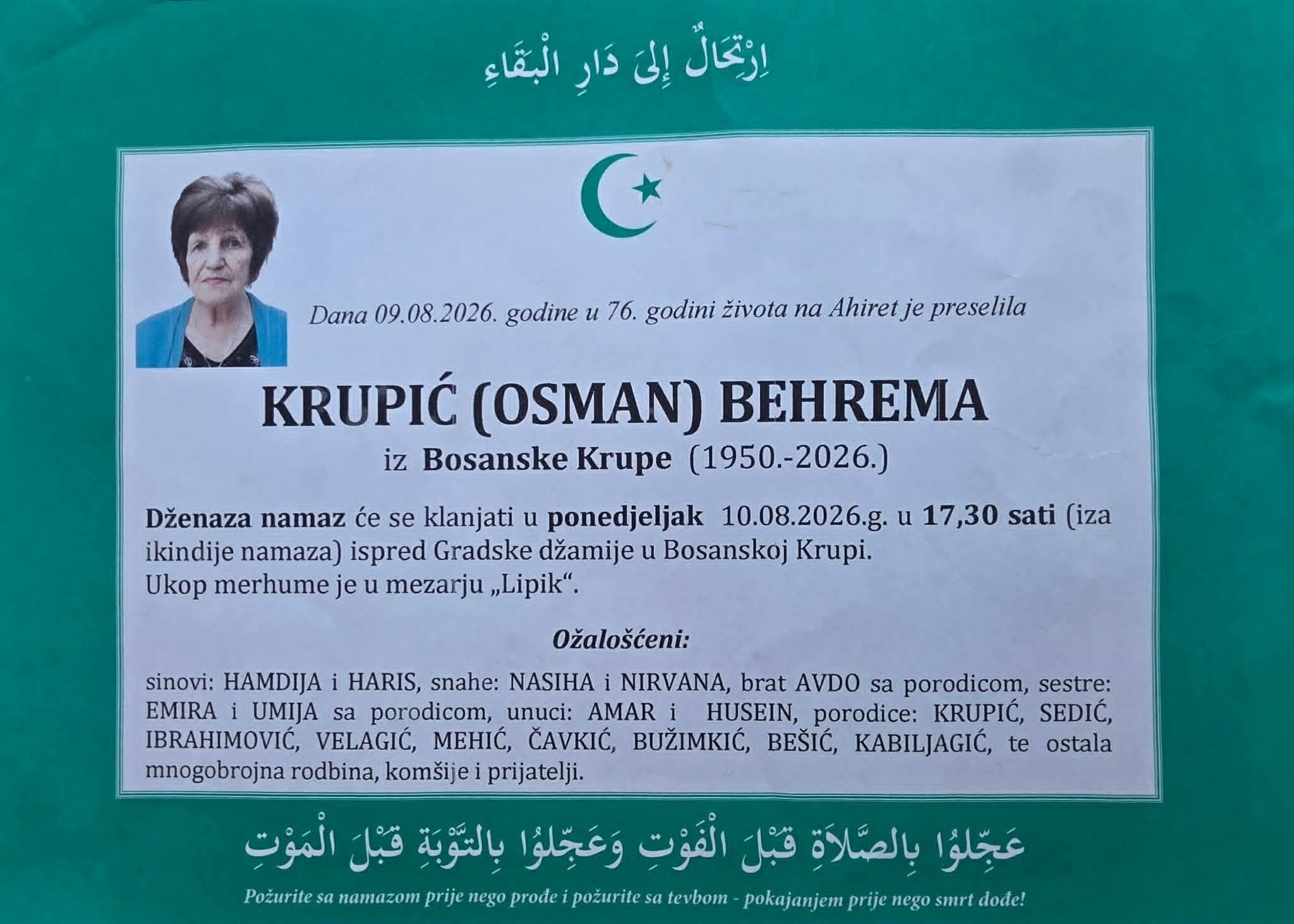 Na Ahiret preselila KRUPIĆ (OSMAN) BEHREMA