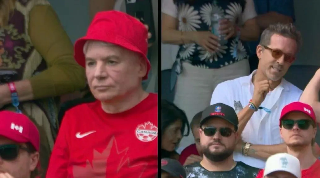 Holivudske zvijezde Ryan Reynolds i Mike Myers snimljeni na tribinama, prate meč BiH-Kanada