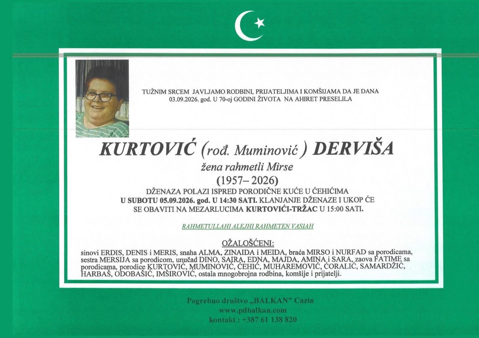 Na Ahiret preselila Kurtović (rođ. Muminović) Derviša
