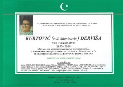 Na Ahiret preselila Kurtović (rođ. Muminović) Derviša