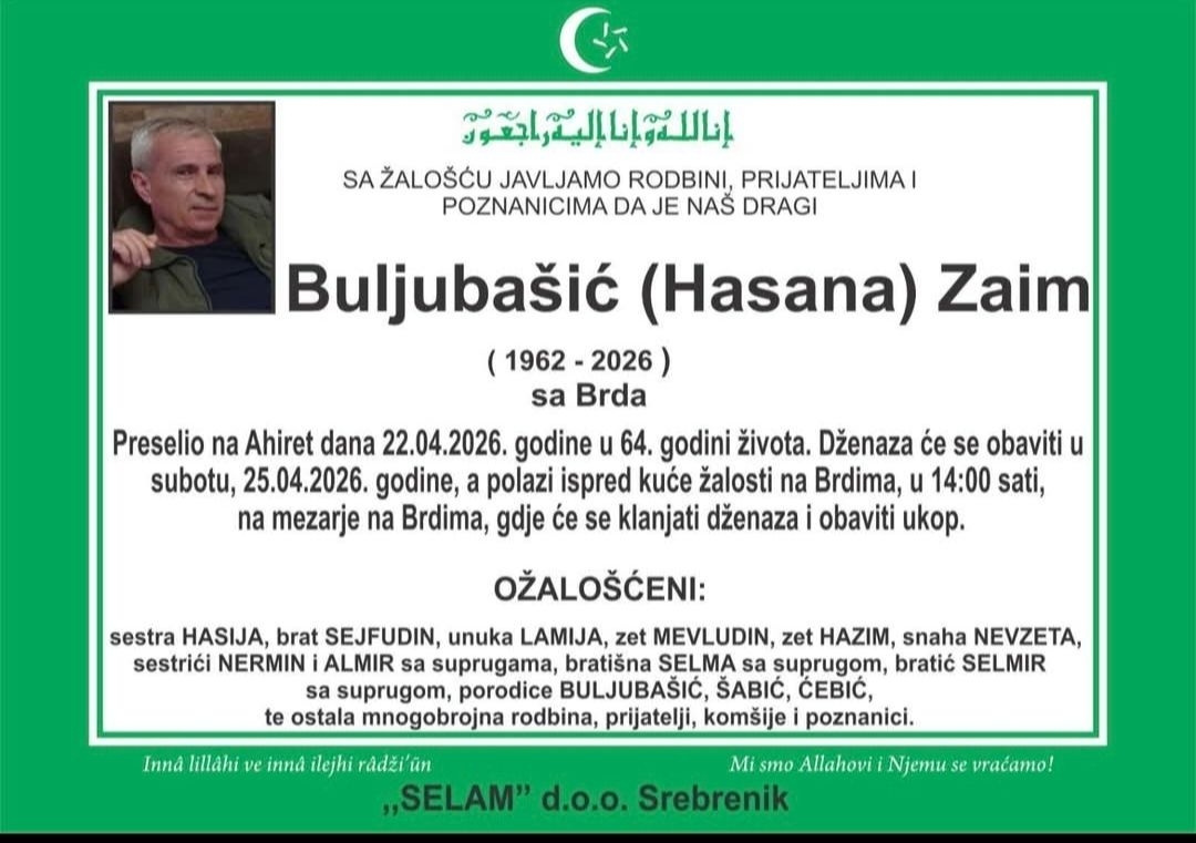 Poznat termin dženaze Zaimu Buljubašiću koji ubio suprugu pa se objesio