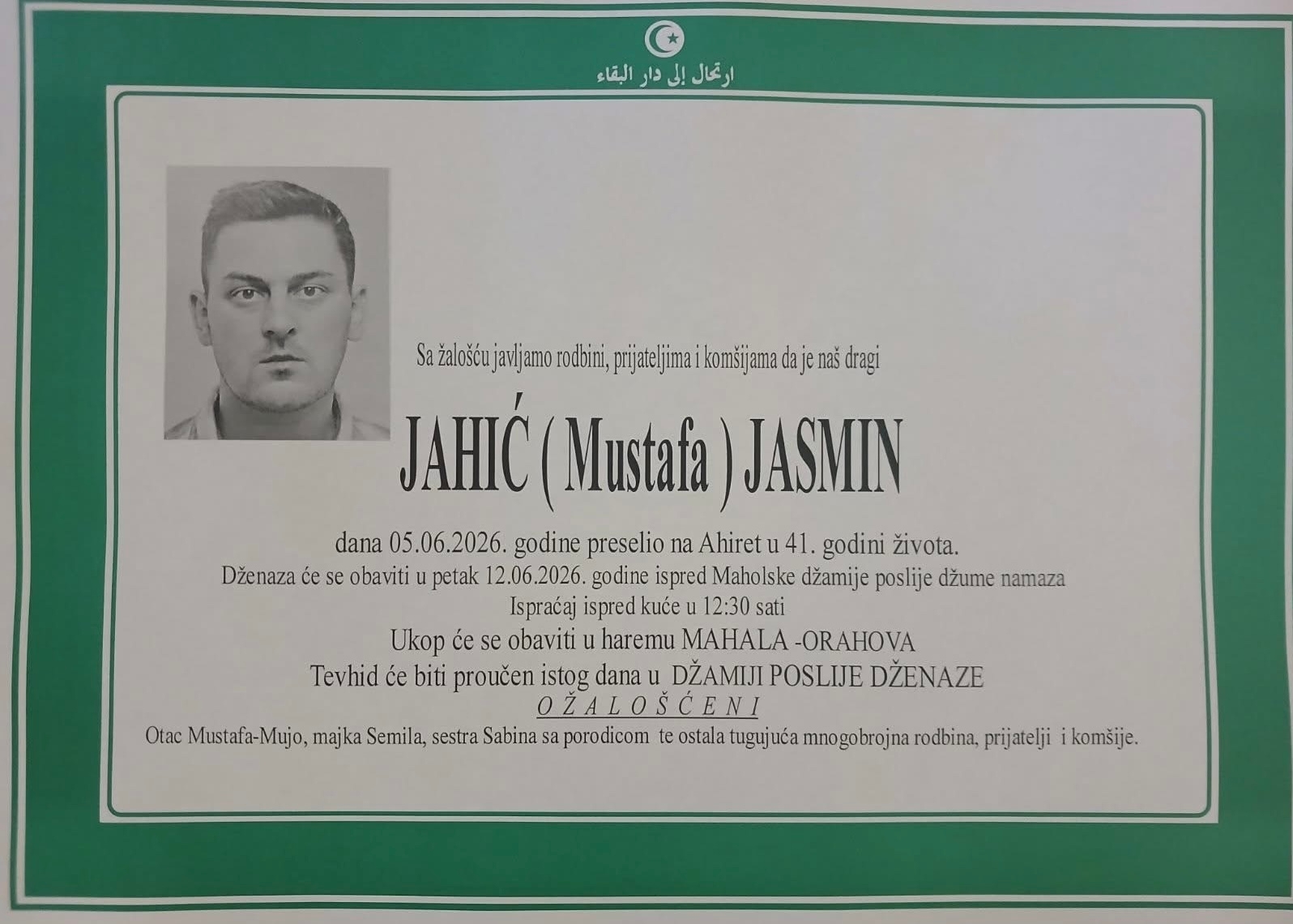 Na Ahiret preselio Jahić (Mustafa) Jasmin