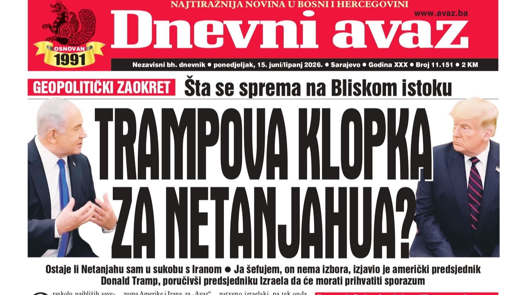 U današnjem "Dnevnom avazu" čitajte: Trampova klopka za Netanjahua?