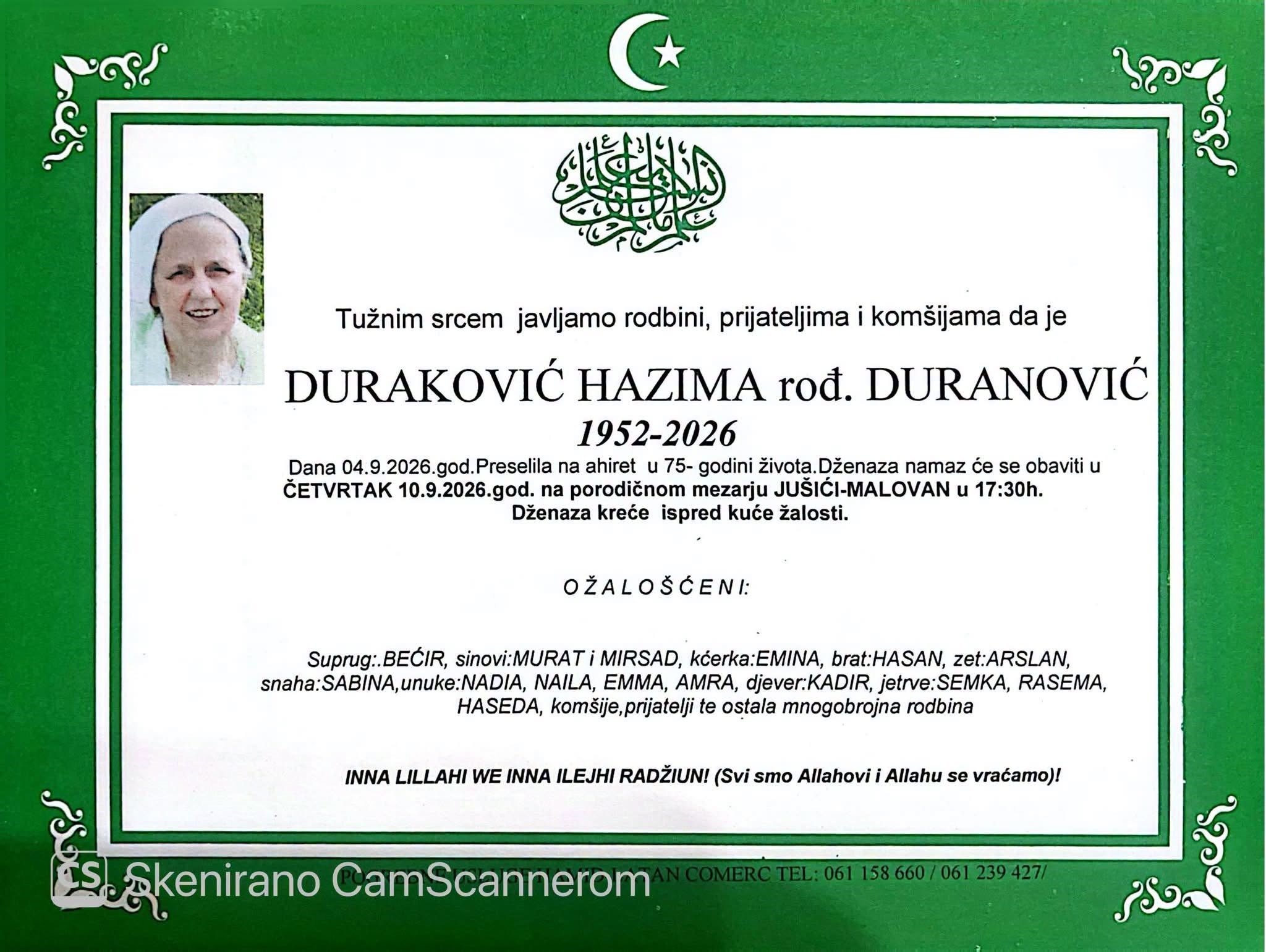 Na Ahiret preselila DURAKOVIĆ HAZIMA rođ. DURANOVIĆ