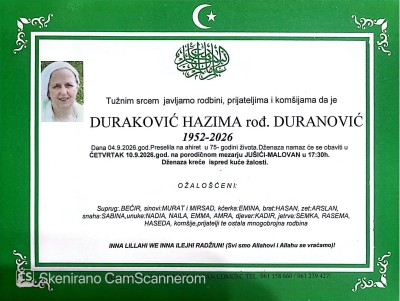 Na Ahiret preselila DURAKOVIĆ HAZIMA rođ. DURANOVIĆ