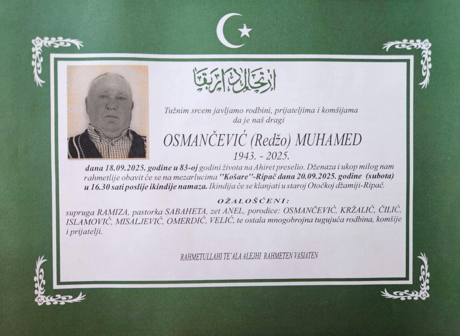 Na Ahiret preselio Osmančević (Redžo) Muhamed