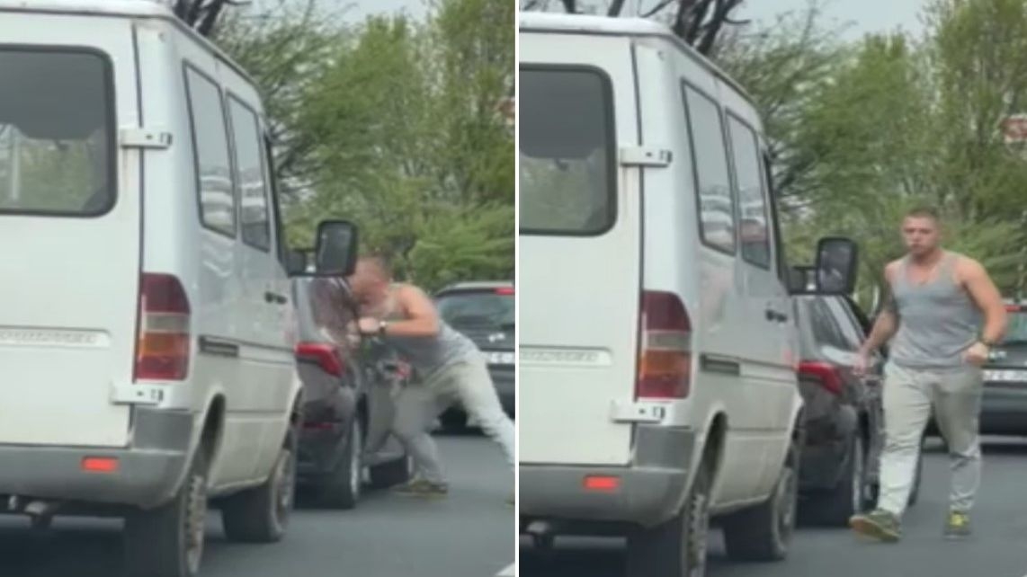 Uznemirujući snimak / Obijesni suvozač izletio iz kombija i tukao vozača automobila