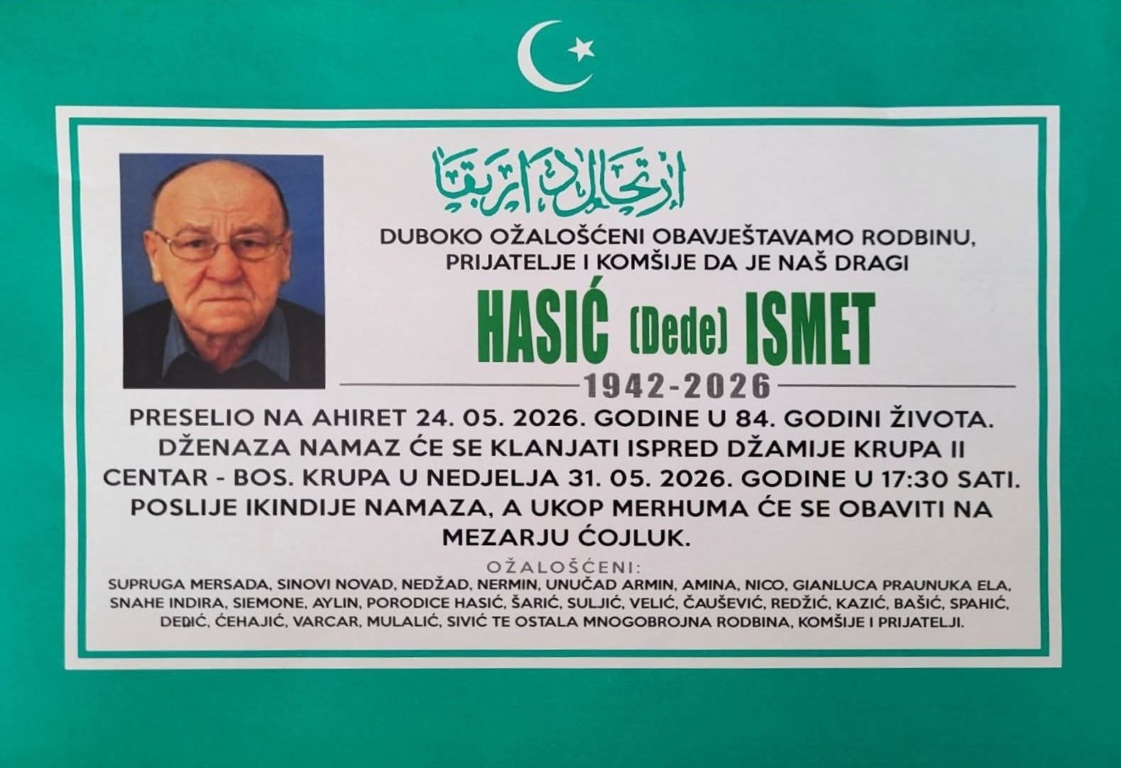 Na Ahiret preselio HASIĆ (Dede) ISMET