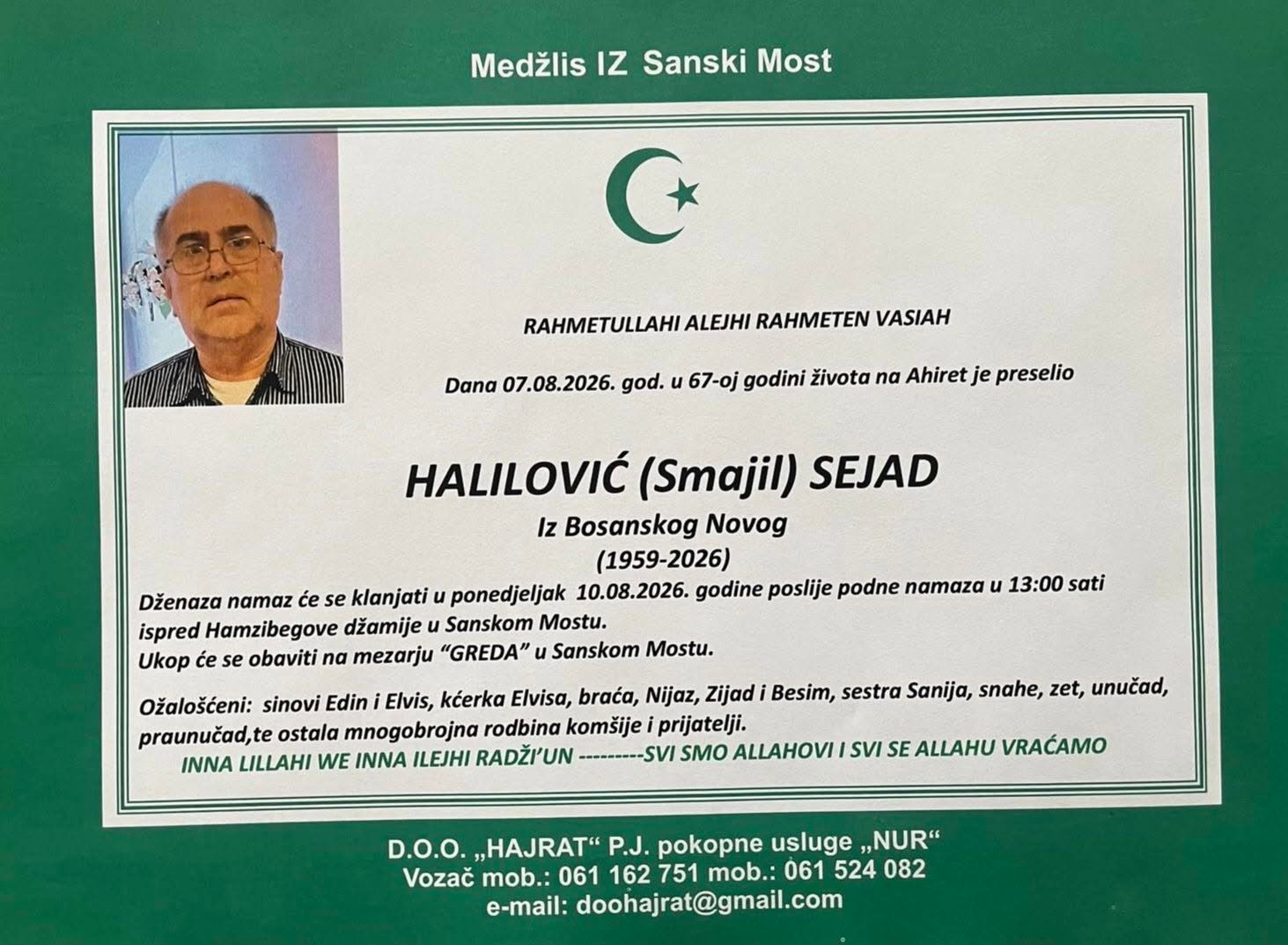 Na Ahiret preselio HALILOVIĆ (Smajil) SEJAD