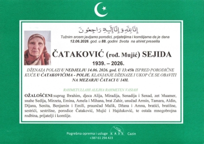 Na Ahiret preselila Čataković (rođ. Mujić) Sejida