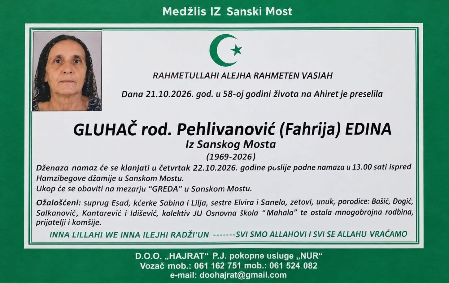 Na Ahiret preselila Gluhač rod. Pehlivanović Edina