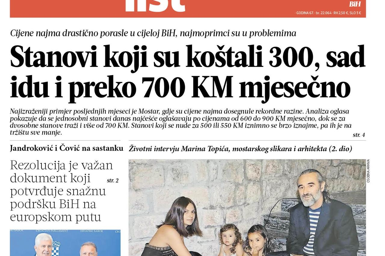 Ne propustite Večernji list BiH ove srijede: Zagreb čvrsto uz bh. Hrvate, cijene najma lete u nebo, sve o ligama MZ od Mostara do Ljubuškog...