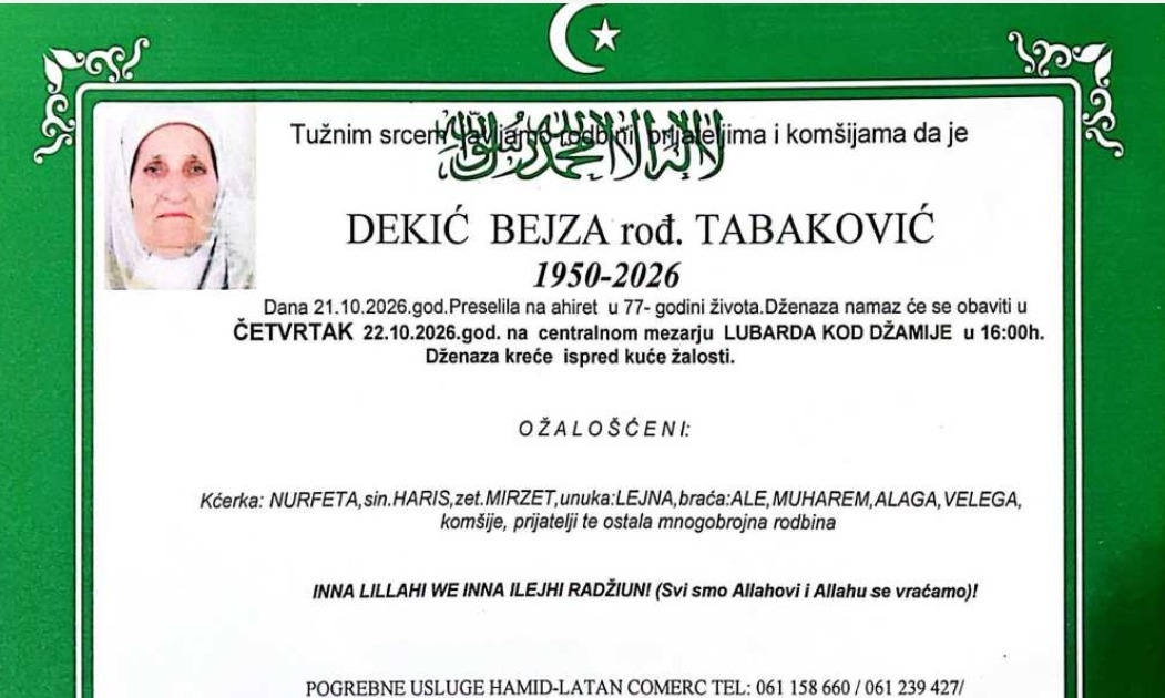 Na Ahiret preselila Dekić Bejza (rođ. Tabaković)