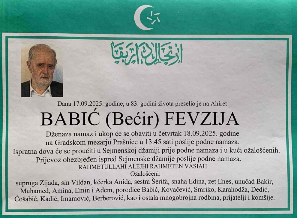 Na Ahiret je preselio Fevzija Babić