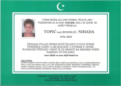 Na Ahiret preselila Topić (rođ. Budimlić) Nihada