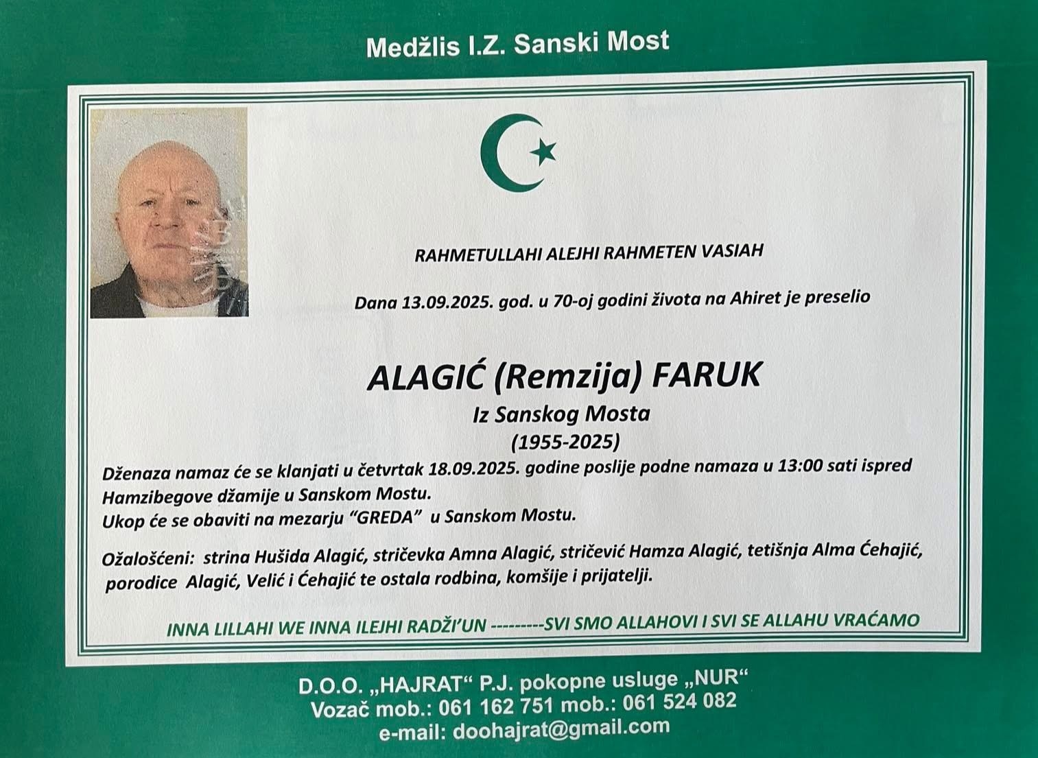 Na Ahiret preselio Alagić (Remzija) Faruk