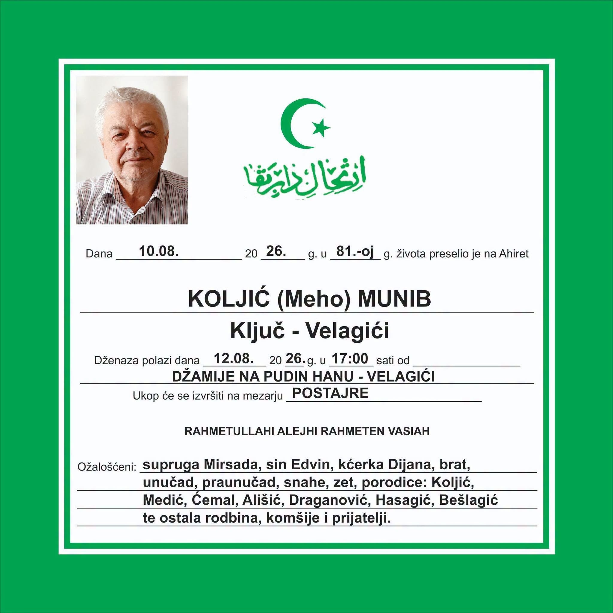 Na Ahiret preselio KOLJIĆ (Meho) MUNIB
