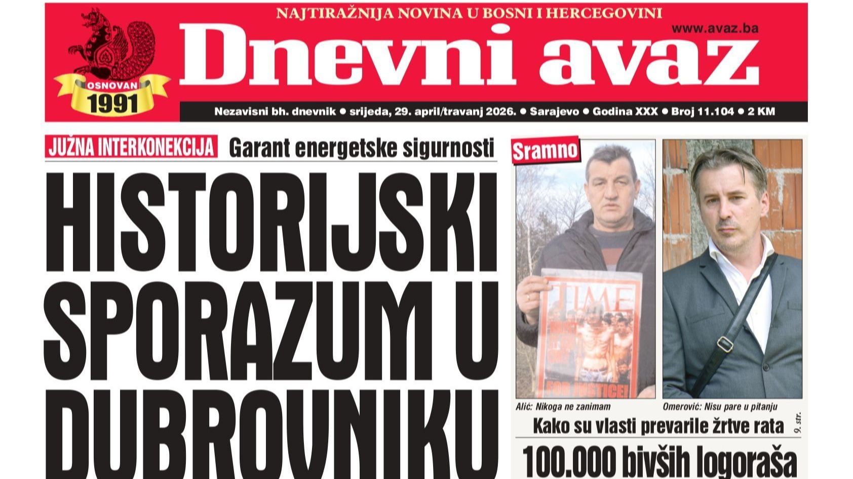 U današnjem "Dnevnom avazu" čitajte: Historijski sporazum u Dubrovniku