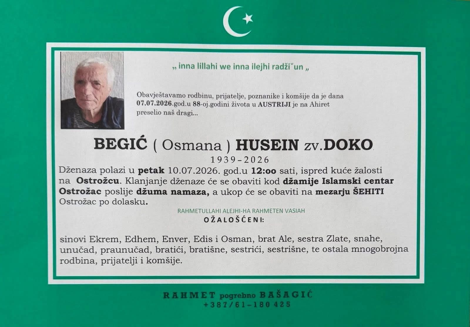Na Ahiret preselio Begić Husein zv. Doko