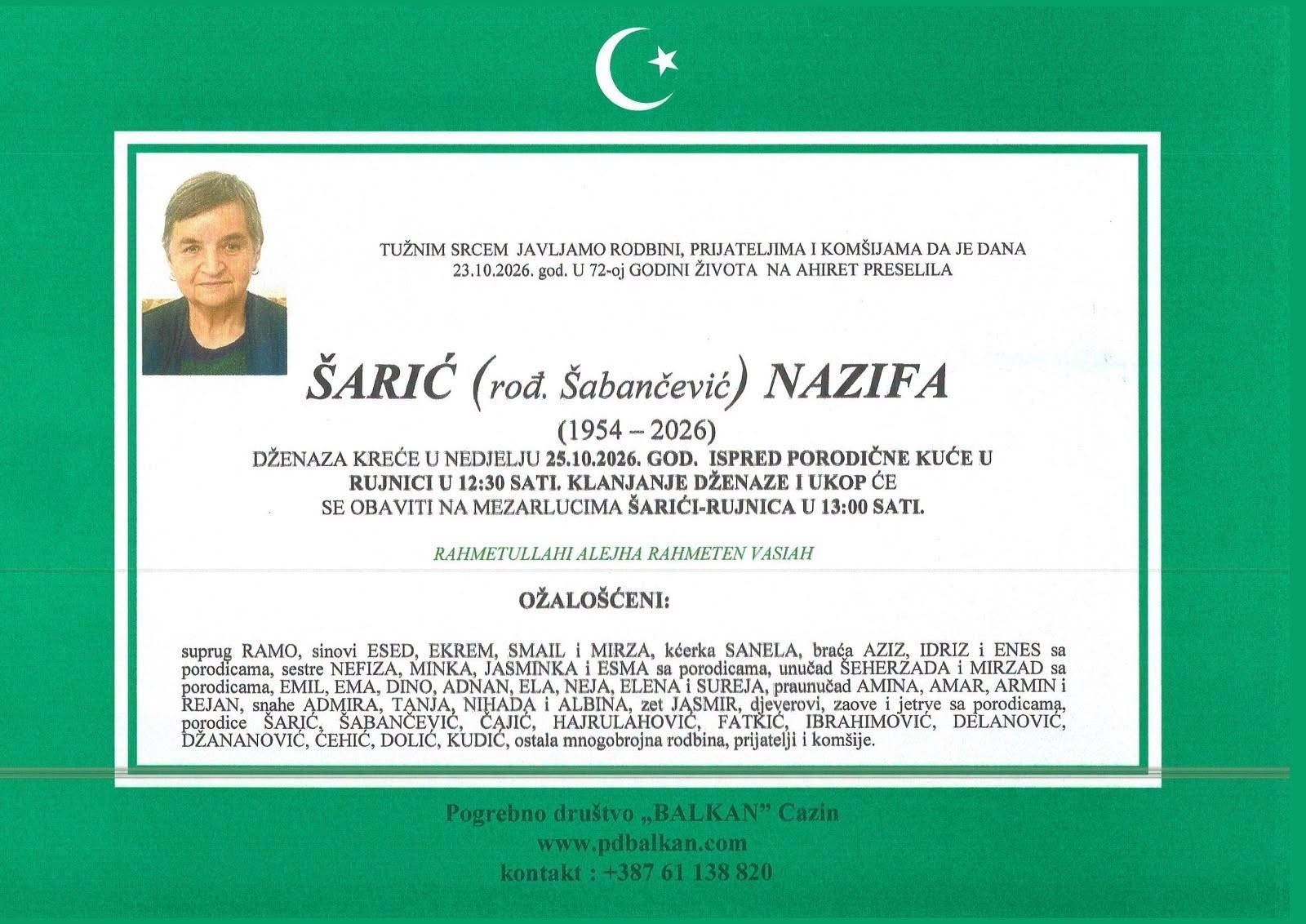 Na Ahiret preselila ŠARIĆ (rođ. Šabančević) NAZIFA