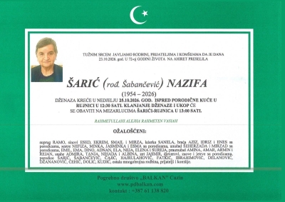 Na Ahiret preselila ŠARIĆ (rođ. Šabančević) NAZIFA